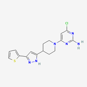 molecular formula C16H17ClN6S B2497299 4-chloro-6-{4-[5-(2-thienyl)-1H-pyrazol-3-yl]piperidino}-2-pyrimidinylamine CAS No. 1025762-04-2