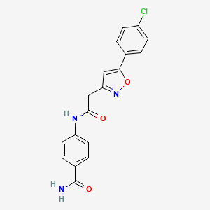 molecular formula C18H14ClN3O3 B2497340 4-(2-(5-(4-氯苯基)异噁唑-3-基)乙酰氨基)苯甲酰胺 CAS No. 946284-20-4