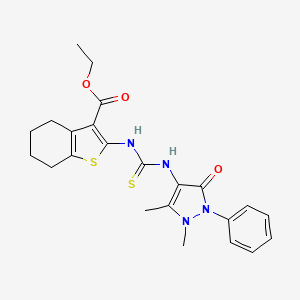 molecular formula C23H26N4O3S2 B2497353 ethyl 2-{[(1,5-dimethyl-3-oxo-2-phenyl-2,3-dihydro-1H-pyrazol-4-yl)carbamothioyl]amino}-4,5,6,7-tetrahydro-1-benzothiophene-3-carboxylate CAS No. 380342-95-0