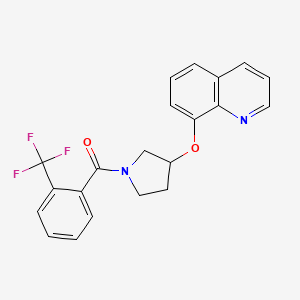 molecular formula C21H17F3N2O2 B2497372 (3-(Quinolin-8-yloxy)pyrrolidin-1-yl)(2-(trifluoromethyl)phenyl)methanone CAS No. 1903337-32-5