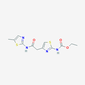 molecular formula C12H14N4O3S2 B2497384 Ethyl (4-(2-((5-methylthiazol-2-yl)amino)-2-oxoethyl)thiazol-2-yl)carbamate CAS No. 1203062-59-2