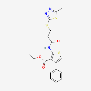 molecular formula C19H19N3O3S3 B2497415 Ethyl 2-(3-((5-methyl-1,3,4-thiadiazol-2-yl)thio)propanamido)-4-phenylthiophene-3-carboxylate CAS No. 351061-38-6