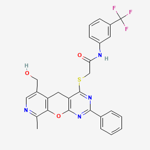molecular formula C27H21F3N4O3S B2497466 2-((6-(羟甲基)-9-甲基-2-苯基-5H-吡啶并[4',3':5,6]吡喃[2,3-d]嘧啶-4-基)硫)-N-(3-(三氟甲基)苯基)乙酰胺 CAS No. 892379-45-2