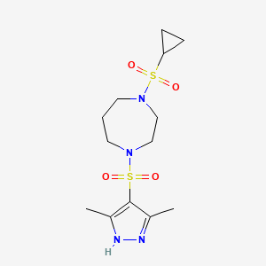 molecular formula C13H22N4O4S2 B2497490 1-(cyclopropylsulfonyl)-4-((3,5-dimethyl-1H-pyrazol-4-yl)sulfonyl)-1,4-diazepane CAS No. 2034200-96-7