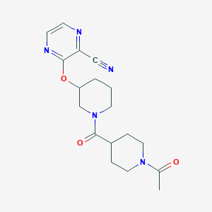 molecular formula C18H23N5O3 B2497494 3-((1-(1-Acetylpiperidine-4-carbonyl)piperidin-3-yl)oxy)pyrazine-2-carbonitrile CAS No. 2034475-63-1