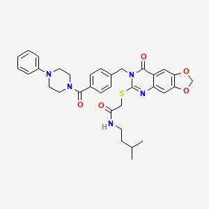 molecular formula C34H37N5O5S B2497496 N-(3-methylbutyl)-2-[(8-oxo-7-{[4-(4-phenylpiperazine-1-carbonyl)phenyl]methyl}-2H,7H,8H-[1,3]dioxolo[4,5-g]quinazolin-6-yl)sulfanyl]acetamide CAS No. 689759-12-4