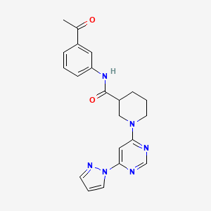 molecular formula C21H22N6O2 B2497499 1-(6-(1H-吡唑-1-基)嘧啶-4-基)-N-(3-乙酰基苯基)哌啶-3-甲酰胺 CAS No. 1334372-23-4