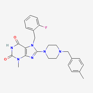 molecular formula C25H27FN6O2 B2497521 7-[(2-氟苯基)甲基]-3-甲基-8-{4-[(4-甲基苯基)甲基]哌嗪基}-1,3,7-三氢嘌呤-2,6-二酮 CAS No. 898463-77-9