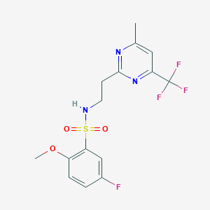 molecular formula C15H15F4N3O3S B2497535 5-氟-2-甲氧基-N-(2-(4-甲基-6-(三氟甲基)嘧啶-2-基)乙基)苯磺酰胺 CAS No. 1421533-13-2