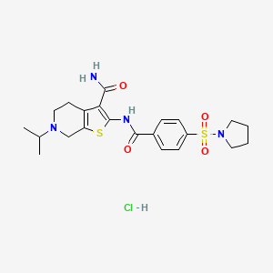 molecular formula C22H29ClN4O4S2 B2497602 6-Isopropyl-2-(4-(pyrrolidin-1-ylsulfonyl)benzamido)-4,5,6,7-tetrahydrothieno[2,3-c]pyridine-3-carboxamide hydrochloride CAS No. 1215472-20-0