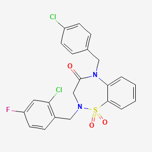 molecular formula C22H17Cl2FN2O3S B2497674 2-(2-chloro-4-fluorobenzyl)-5-(4-chlorobenzyl)-2,3-dihydrobenzo[f][1,2,5]thiadiazepin-4(5H)-one 1,1-dioxide CAS No. 951598-70-2