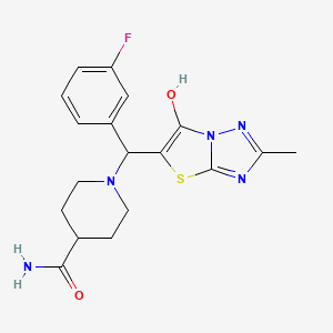 molecular formula C18H20FN5O2S B2497675 1-((3-Fluorophenyl)(6-hydroxy-2-methylthiazolo[3,2-b][1,2,4]triazol-5-yl)methyl)piperidine-4-carboxamide CAS No. 851810-43-0
