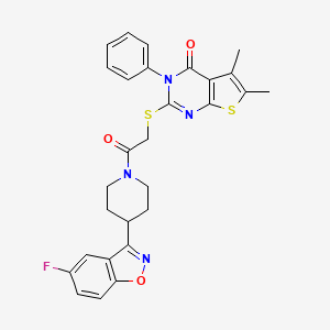 molecular formula C28H25FN4O3S2 B2497688 2-((2-(4-(5-氟苯并[3,4-d]异噁唑-3-基)哌啶-1-基)-2-氧代乙基)硫)-5,6-二甲基-3-苯基噻吩并[2,3-d]嘧啶-4(3H)-酮 CAS No. 690647-13-3