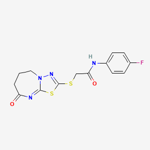 molecular formula C14H13FN4O2S2 B2497738 N-(4-fluorophenyl)-2-((8-oxo-5,6,7,8-tetrahydro-[1,3,4]thiadiazolo[3,2-a][1,3]diazepin-2-yl)thio)acetamide CAS No. 450346-63-1