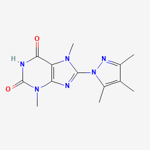 molecular formula C13H16N6O2 B2497755 3,7-Dimethyl-8-(3,4,5-trimethylpyrazolyl)-1,3,7-trihydropurine-2,6-dione CAS No. 1014010-27-5