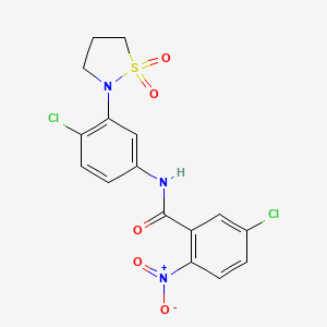 molecular formula C16H13Cl2N3O5S B2497756 5-chloro-N-(4-chloro-3-(1,1-dioxidoisothiazolidin-2-yl)phenyl)-2-nitrobenzamide CAS No. 941899-65-6