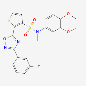 molecular formula C21H16FN3O5S2 B2497758 N-(2,3-dihydro-1,4-benzodioxin-6-yl)-2-[3-(3-fluorophenyl)-1,2,4-oxadiazol-5-yl]-N-methylthiophene-3-sulfonamide CAS No. 1206991-43-6