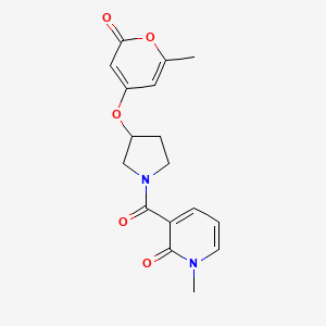 molecular formula C17H18N2O5 B2497790 1-甲基-3-(3-((6-甲基-2-氧代-2H-吡喃-4-基)氧基)吡咯烷-1-甲酰)吡啶-2(1H)-酮 CAS No. 1704640-19-6