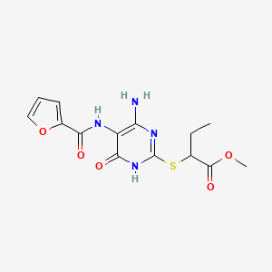 molecular formula C14H16N4O5S B2497804 甲基-2-((4-氨基-5-(呋喃-2-羧酰胺)-6-氧代-1,6-二氢嘧啶-2-基)硫代)丁酸酯 CAS No. 868226-71-5