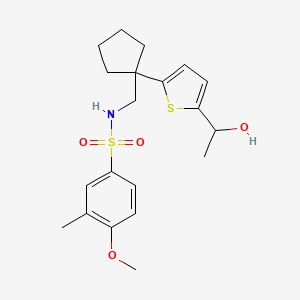 molecular formula C20H27NO4S2 B2497820 N-((1-(5-(1-ヒドロキシエチル)チオフェン-2-イル)シクロペンチル)メチル)-4-メトキシ-3-メチルベンゼンスルホンアミド CAS No. 2034549-75-0