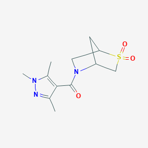 molecular formula C12H17N3O3S B2497899 (2,2-dioxido-2-thia-5-azabicyclo[2.2.1]heptan-5-yl)(1,3,5-trimethyl-1H-pyrazol-4-yl)methanone CAS No. 2034610-71-2