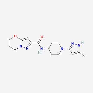 molecular formula C16H22N6O2 B2497914 N-[1-(5-メチル-1H-ピラゾール-3-イル)ピペリジン-4-イル]-5H,6H,7H-ピラゾロ[3,2-b][1,3]オキサジン-2-カルボキサミド CAS No. 2034204-23-2