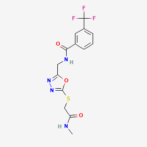 molecular formula C14H13F3N4O3S B2497915 N-[[5-[2-(methylamino)-2-oxoethyl]sulfanyl-1,3,4-oxadiazol-2-yl]methyl]-3-(trifluoromethyl)benzamide CAS No. 872620-44-5