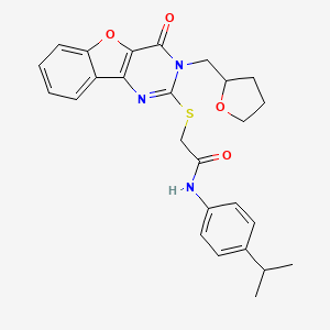 2-({6-oxo-5-[(oxolan-2-yl)methyl]-8-oxa-3,5-diazatricyclo[7.4.0.0^{2,7}]trideca-1(9),2(7),3,10,12-pentaen-4-yl}sulfanyl)-N-[4-(propan-2-yl)phenyl]acetamide