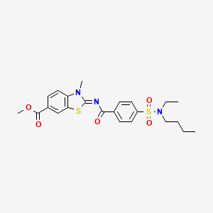 molecular formula C23H27N3O5S2 B2498008 甲酸甲酯2-[4-(丁基(乙基)磺酰基)苯甲酰基]亚胺基-3-甲基-1,3-苯并噻唑-6-羧酯 CAS No. 850909-27-2