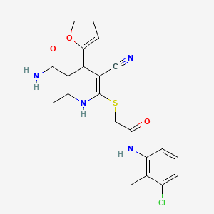 molecular formula C21H19ClN4O3S B2498027 6-((2-((3-Chloro-2-methylphenyl)amino)-2-oxoethyl)thio)-5-cyano-4-(furan-2-yl)-2-methyl-1,4-dihydropyridine-3-carboxamide CAS No. 370846-89-2
