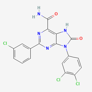 molecular formula C18H10Cl3N5O2 B2498068 2-(3-chlorophenyl)-9-(3,4-dichlorophenyl)-8-oxo-8,9-dihydro-7H-purine-6-carboxamide CAS No. 887890-26-8