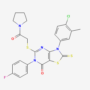 molecular formula C24H20ClFN4O2S3 B2498083 3-(4-Chloro-3-methylphenyl)-6-(4-fluorophenyl)-5-(2-oxo-2-pyrrolidin-1-ylethyl)sulfanyl-2-sulfanylidene-[1,3]thiazolo[4,5-d]pyrimidin-7-one CAS No. 422299-19-2