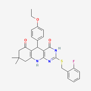molecular formula C28H28FN3O3S B2498091 5-(4-ethoxyphenyl)-2-((2-fluorobenzyl)thio)-8,8-dimethyl-7,8,9,10-tetrahydropyrimido[4,5-b]quinoline-4,6(3H,5H)-dione CAS No. 537045-03-7