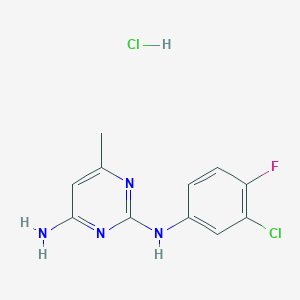 molecular formula C11H11Cl2FN4 B2498206 N2-(3-chloro-4-fluorophenyl)-6-methylpyrimidine-2,4-diamine hydrochloride CAS No. 1396687-30-1