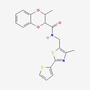 molecular formula C19H18N2O3S2 B2498207 3-methyl-N-((4-methyl-2-(thiophen-2-yl)thiazol-5-yl)methyl)-2,3-dihydrobenzo[b][1,4]dioxine-2-carboxamide CAS No. 1421467-28-8
