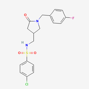 molecular formula C18H18ClFN2O3S B2498262 4-chloro-N-((1-(4-fluorobenzyl)-5-oxopyrrolidin-3-yl)methyl)benzenesulfonamide CAS No. 946292-12-2