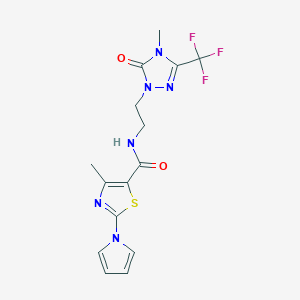 molecular formula C15H15F3N6O2S B2498265 4-methyl-N-(2-(4-methyl-5-oxo-3-(trifluoromethyl)-4,5-dihydro-1H-1,2,4-triazol-1-yl)ethyl)-2-(1H-pyrrol-1-yl)thiazole-5-carboxamide CAS No. 1421476-08-5