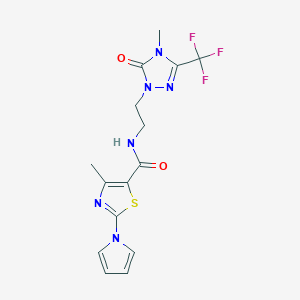 molecular formula C15H15F3N6O2S B2498265 4-甲基-N-(2-(4-甲基-5-氧代-3-(三氟甲基)-4,5-二氢-1H-1,2,4-三唑-1-基)乙基)-2-(1H-吡咯-1-基)噻唑-5-羧酰胺 CAS No. 1421476-08-5