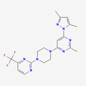 molecular formula C19H21F3N8 B2498304 4-(3,5-Dimethylpyrazol-1-yl)-2-methyl-6-[4-[4-(trifluoromethyl)pyrimidin-2-yl]piperazin-1-yl]pyrimidine CAS No. 2415569-30-9