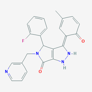 (3Z)-4-(2-fluorophenyl)-3-(3-methyl-6-oxocyclohexa-2,4-dien-1-ylidene)-5-(pyridin-3-ylmethyl)-2,4-dihydro-1H-pyrrolo[3,4-c]pyrazol-6-one