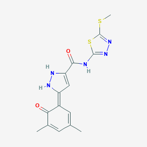 (5Z)-5-(3,5-dimethyl-6-oxocyclohexa-2,4-dien-1-ylidene)-N-(5-methylsulfanyl-1,3,4-thiadiazol-2-yl)-1,2-dihydropyrazole-3-carboxamide