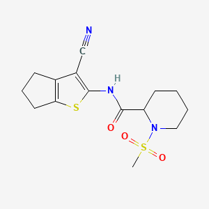 molecular formula C15H19N3O3S2 B2498379 N-(3-cyano-5,6-dihydro-4H-cyclopenta[b]thiophen-2-yl)-1-(methylsulfonyl)piperidine-2-carboxamide CAS No. 1222336-30-2