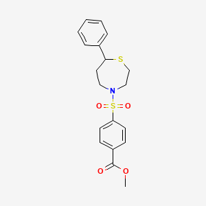 molecular formula C19H21NO4S2 B2498416 Methyl 4-((7-phenyl-1,4-thiazepan-4-yl)sulfonyl)benzoate CAS No. 1797738-29-4