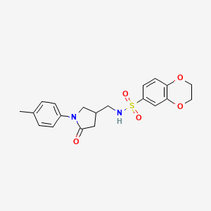 molecular formula C20H22N2O5S B2498423 N-((5-oxo-1-(p-tolyl)pyrrolidin-3-yl)methyl)-2,3-dihydrobenzo[b][1,4]dioxine-6-sulfonamide CAS No. 954714-75-1
