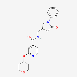 molecular formula C22H25N3O4 B2498427 N-((5-oxo-1-phenylpyrrolidin-3-yl)methyl)-2-((tetrahydro-2H-pyran-4-yl)oxy)isonicotinamide CAS No. 2034392-48-6