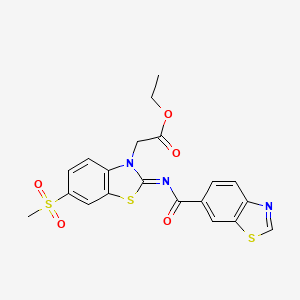 molecular formula C20H17N3O5S3 B2498428 (Z)-乙酸乙酯 2-(2-((苯并[d]噻唑-6-甲酰)亚胺)-6-(甲磺酰)苯并[d]噻唑-3(2H)-基)乙酸酯 CAS No. 865247-45-6