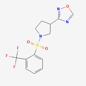 molecular formula C13H12F3N3O3S B2498437 3-(1-((2-(三氟甲基)苯基)磺酰)吡咯啉-3-基)-1,2,4-噁二唑 CAS No. 2034287-04-0