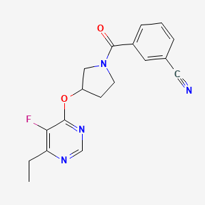 molecular formula C18H17FN4O2 B2498444 3-(3-((6-Ethyl-5-fluoropyrimidin-4-yl)oxy)pyrrolidine-1-carbonyl)benzonitrile CAS No. 2034494-88-5