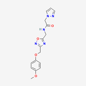 molecular formula C16H17N5O4 B2498475 N-((3-((4-methoxyphenoxy)methyl)-1,2,4-oxadiazol-5-yl)methyl)-2-(1H-pyrazol-1-yl)acetamide CAS No. 1226441-49-1