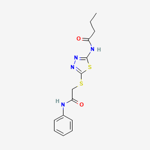 molecular formula C14H16N4O2S2 B2498516 N-[5-(2-anilino-2-oxoethyl)sulfanyl-1,3,4-thiadiazol-2-yl]butanamide CAS No. 392290-64-1